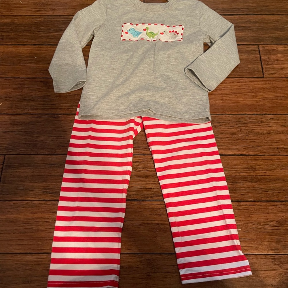 Festive Gray and Red striped pant set with dinosaur valentines smocking
